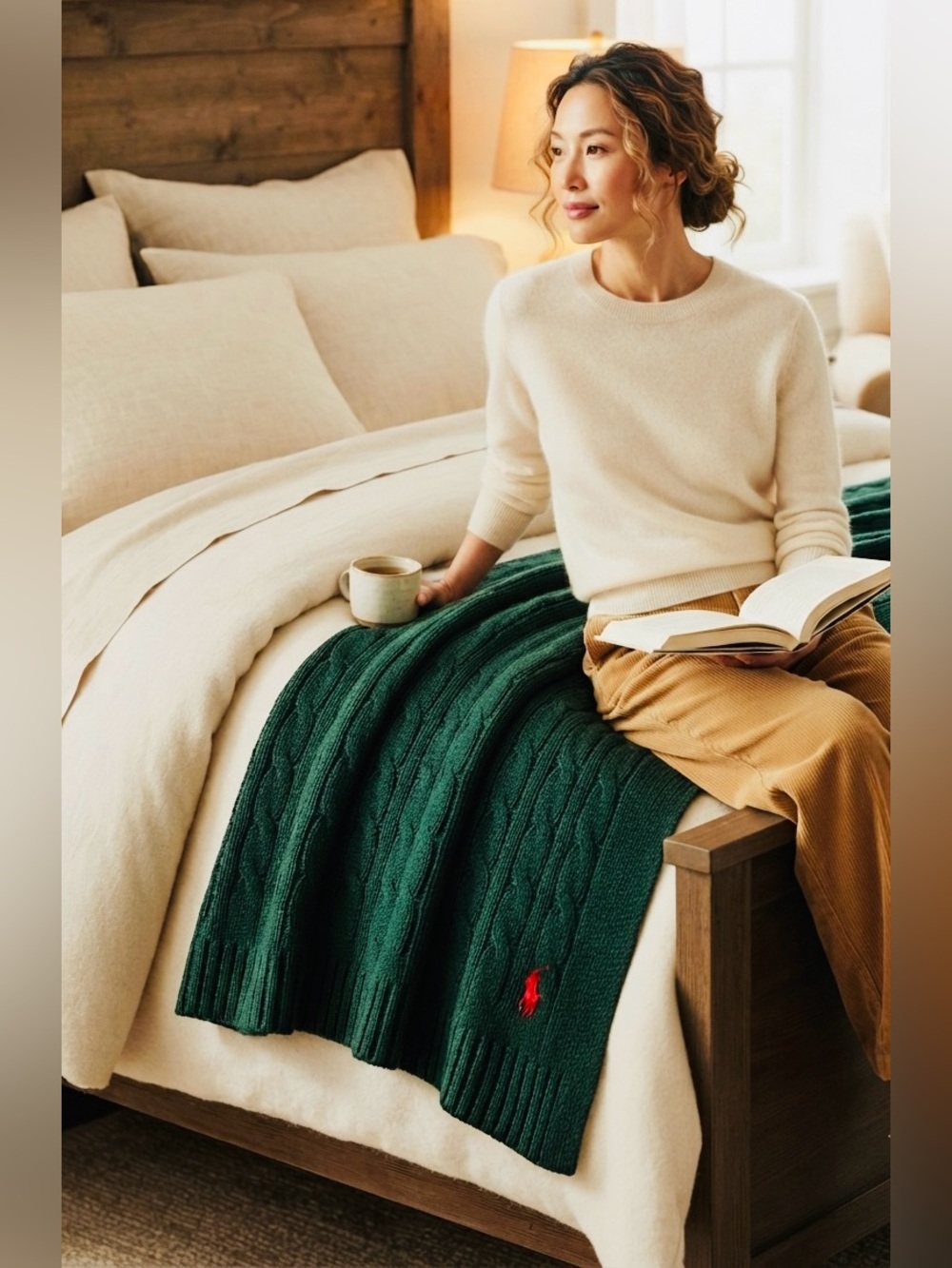 NEW❤️Ralph Lauren Cotton Forest Green Cable-Knit Blanket